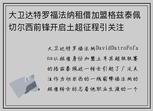 大卫达特罗福法纳租借加盟格兹泰佩切尔西前锋开启土超征程引关注 大卫达特罗福法纳租借加盟格兹泰佩切尔西前锋开启土超征程引关注